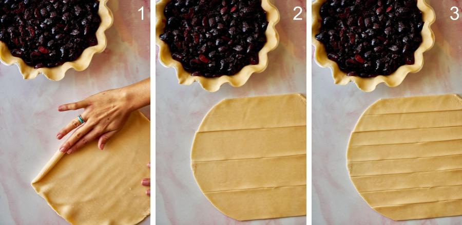 Cutting pie crust into strips.