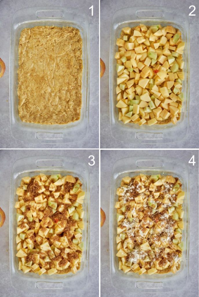 Layering apple cake with dough, apples, and sugar.