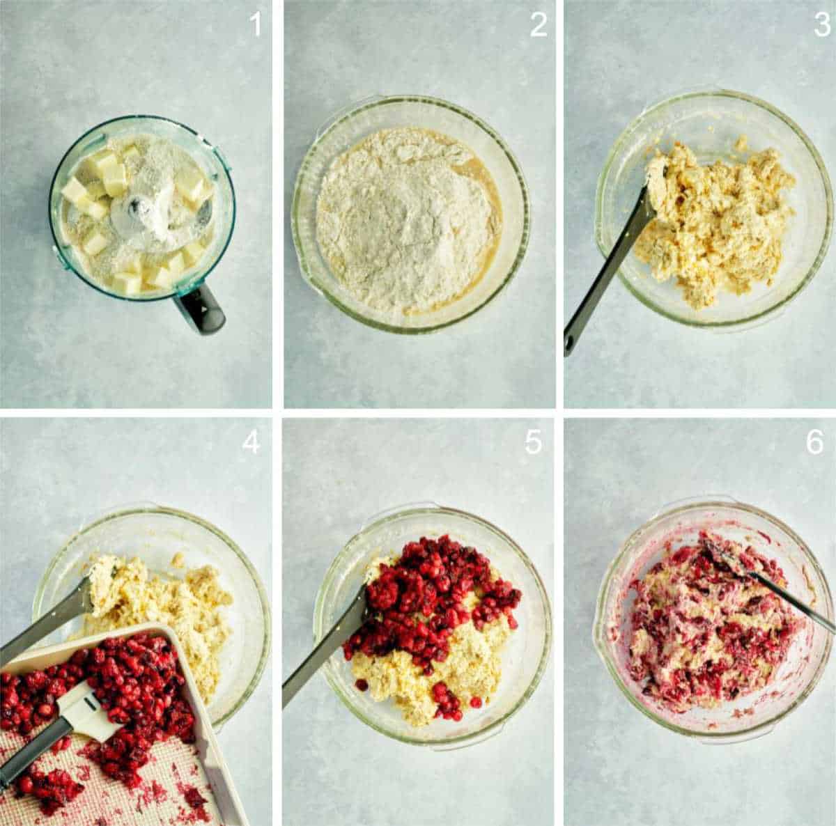 Mixing cranberry scone dough in a bowl.