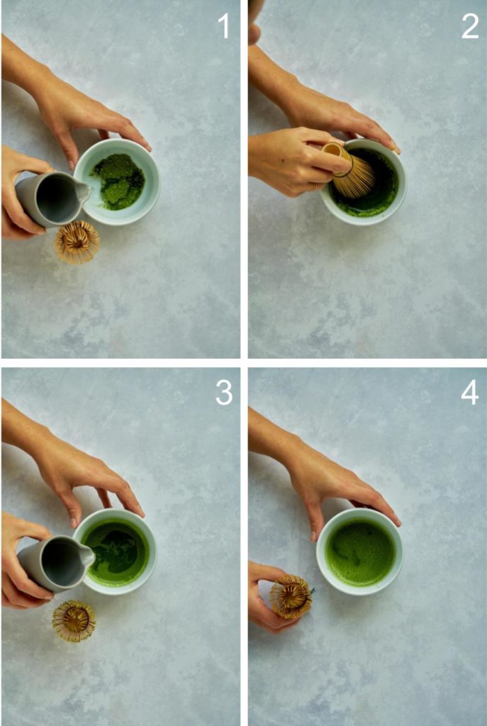 Whisking matcha in a small bowl.