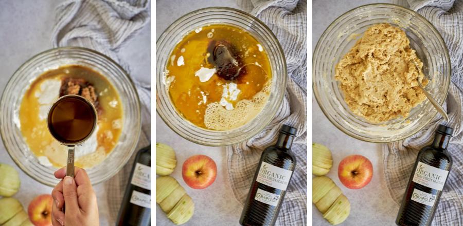 Mixing olive oil into cake mix.