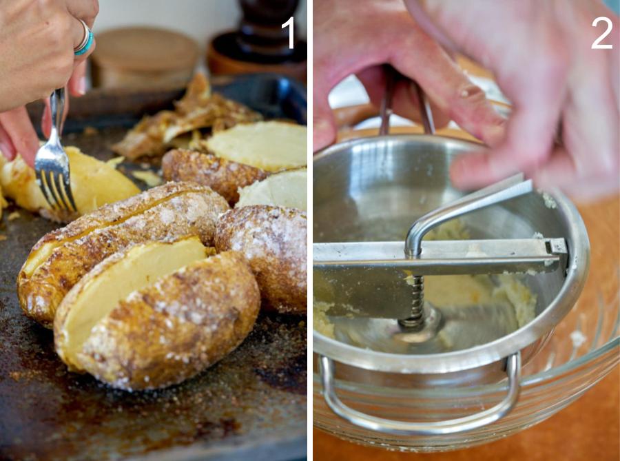 Running potatoes through a food mill.