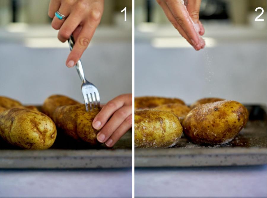 Poking potatoes with fork and seasoning them with salt.