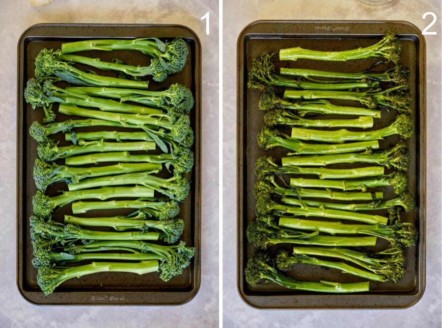 Broccolini on baking sheet.