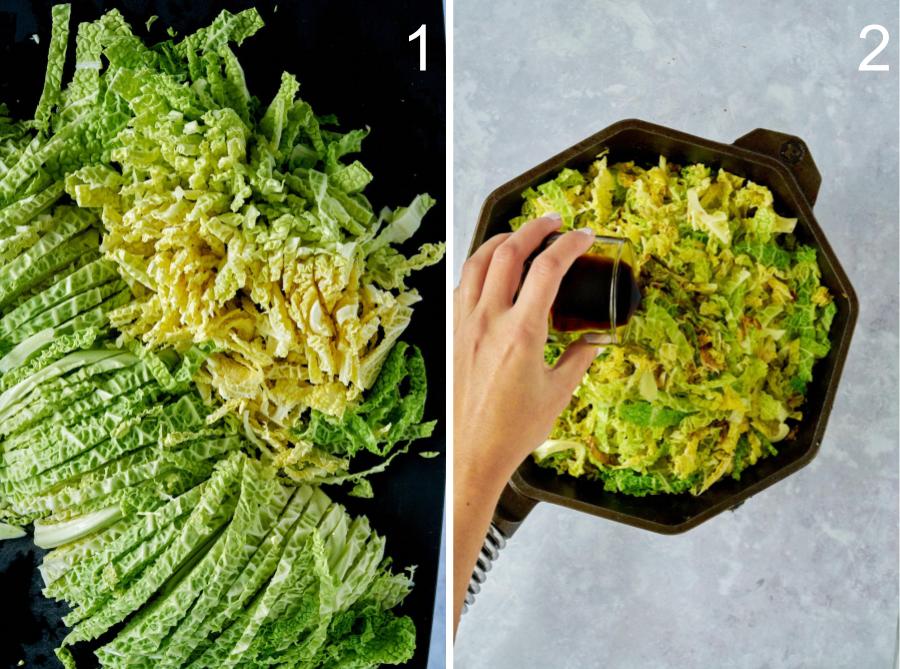 Pouring soy sauce over sauteed cabbage.