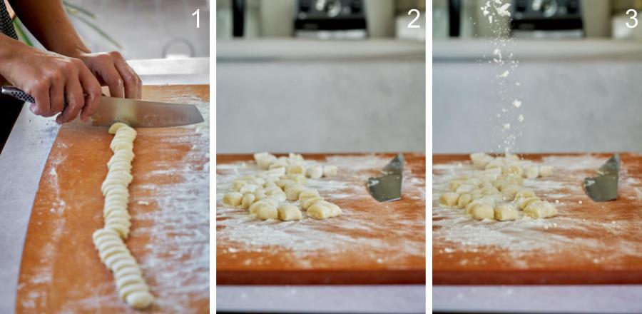 Cutting dough on a cutting board and sprinkling it with flour.