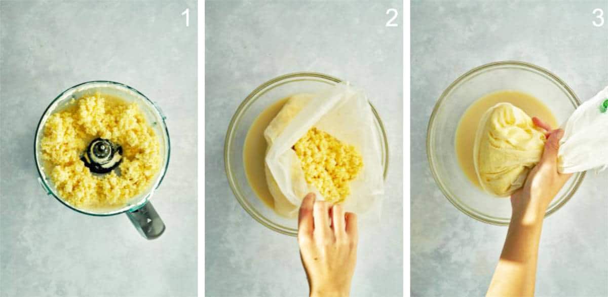 Straining butter in a nut milk bag over a bowl.