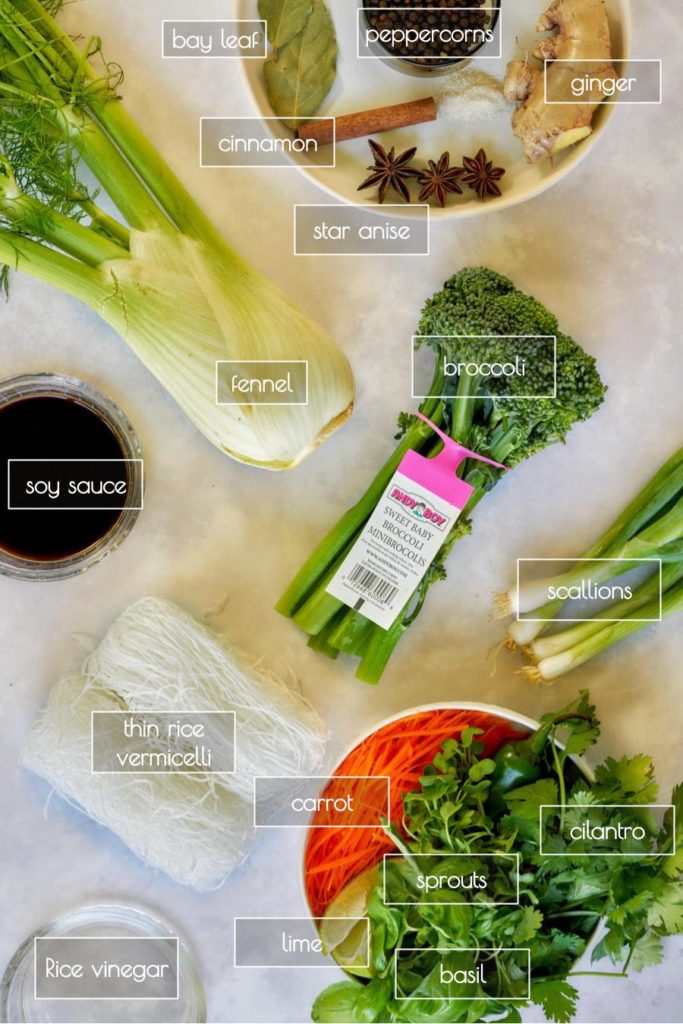 Ingredients for pho noodle soup on grey backdrop.