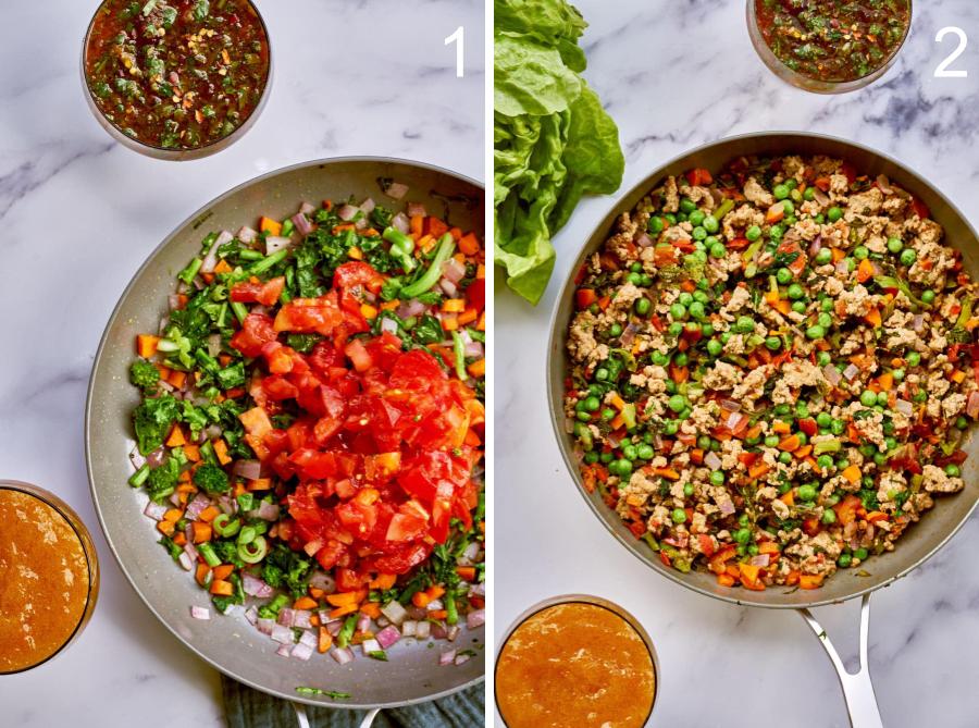 Vegetables and ground turkey cooking in a pan.