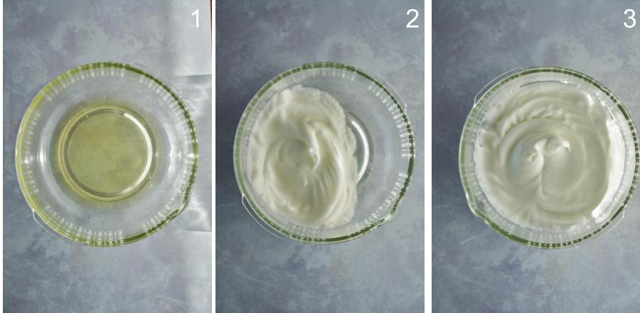 Before and after of whipped egg whites in a clear bowl.