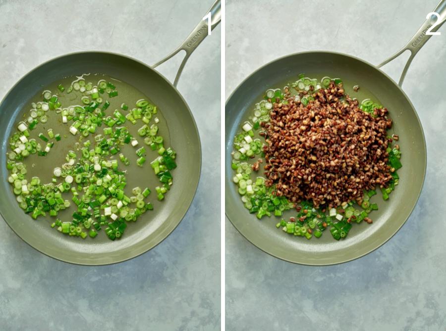 A pan with scallions and rice.