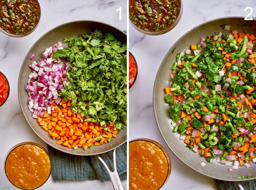 Colorful vegetables cooking in a pan.