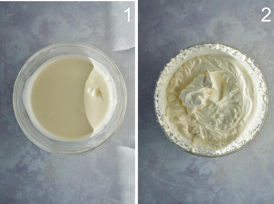 Before and after of whipped cream in a clear bowl.