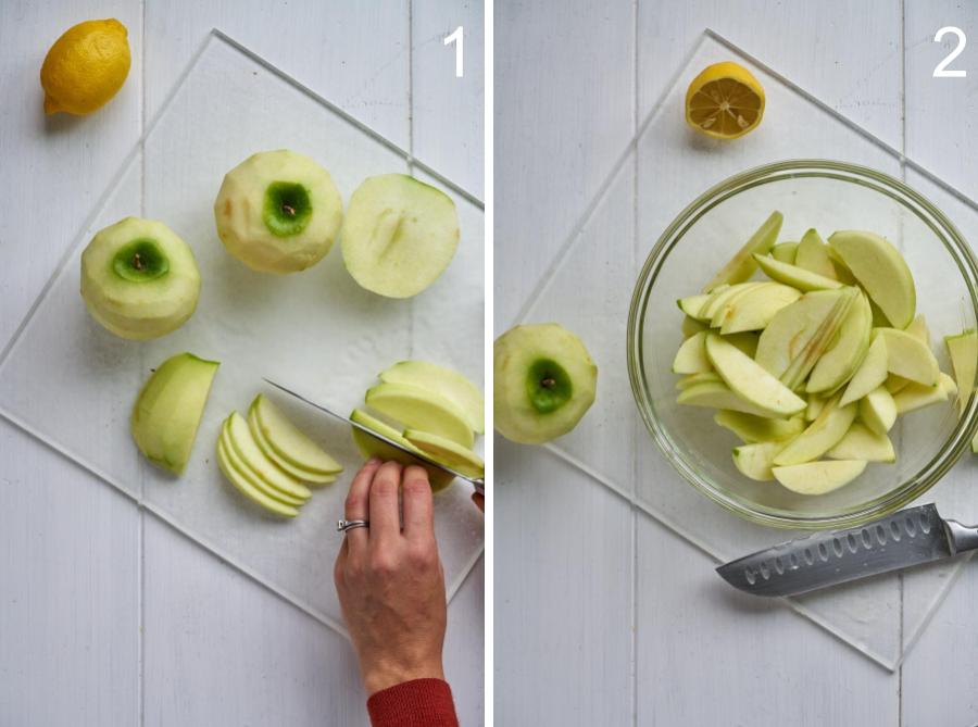 Slicing apples and mixing in a bowl with lemon.