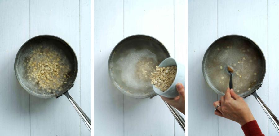 Pouring oatmeal into boiling water.