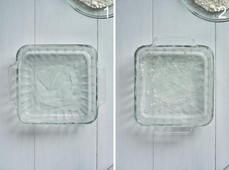 Glass baking dish with butter and flour.