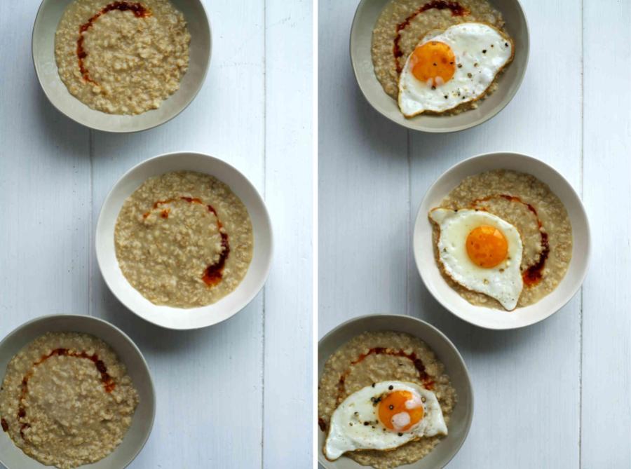 Three bowls of oatmeal with and without eggs.