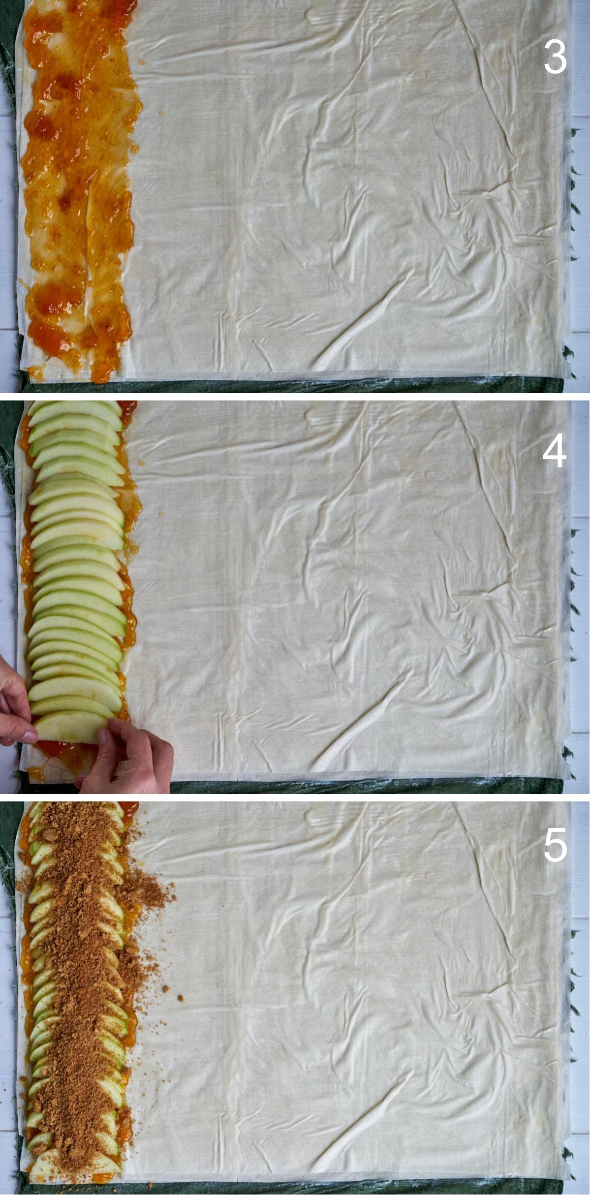 Layering jam apples and cinnamon on pastry dough.