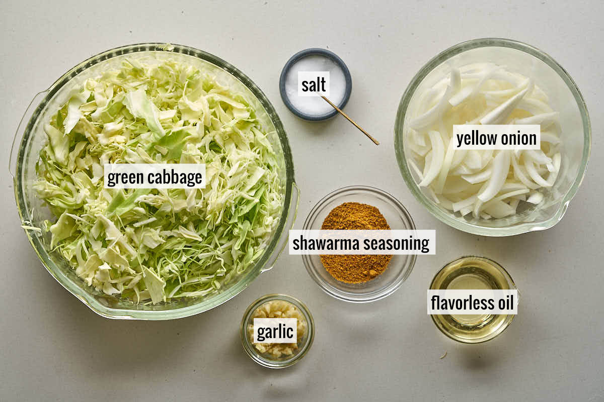 A flat lay photo showing all the labeled ingredients for the dish: shredded green cabbage, sliced yellow onion, shawarma seasoning, minced garlic, salt, and flavorless oil.
