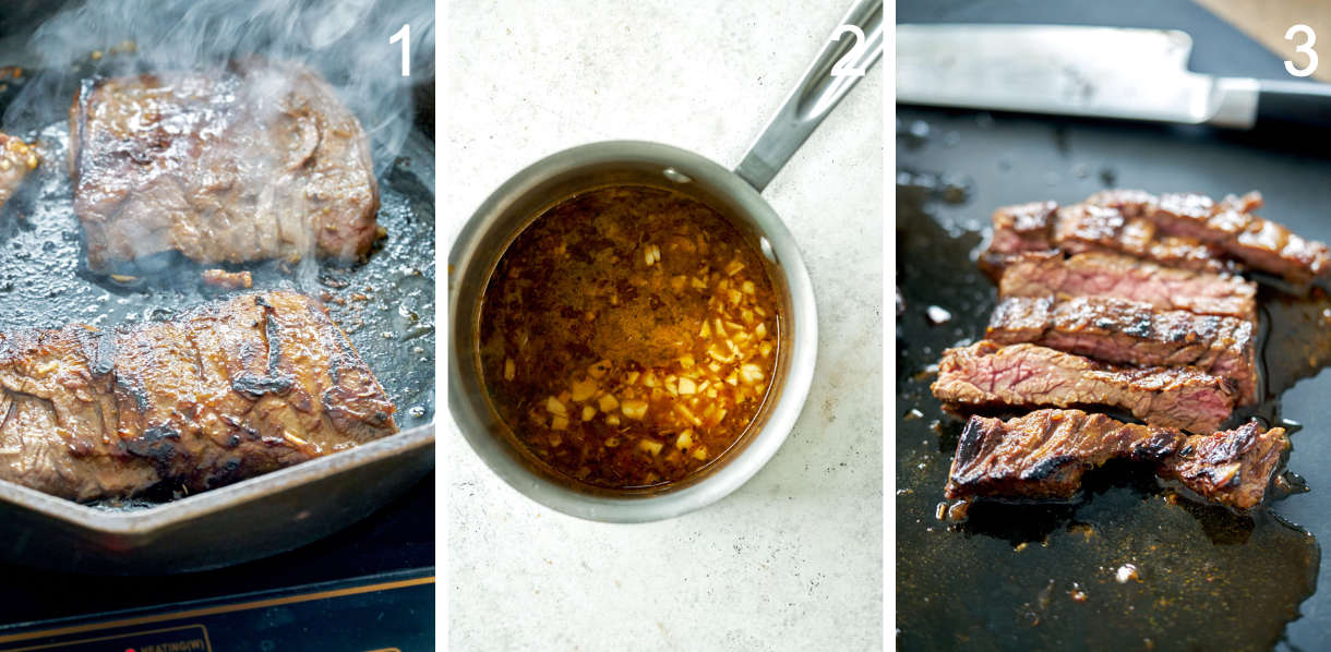 Cooking steak and marinade for steak tacos.