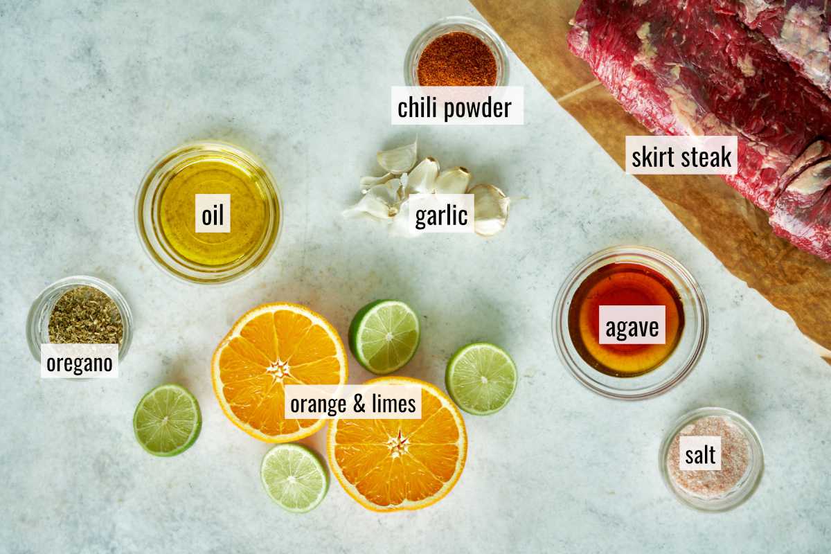 Ingredients for marinated skirt steak on a countertop.