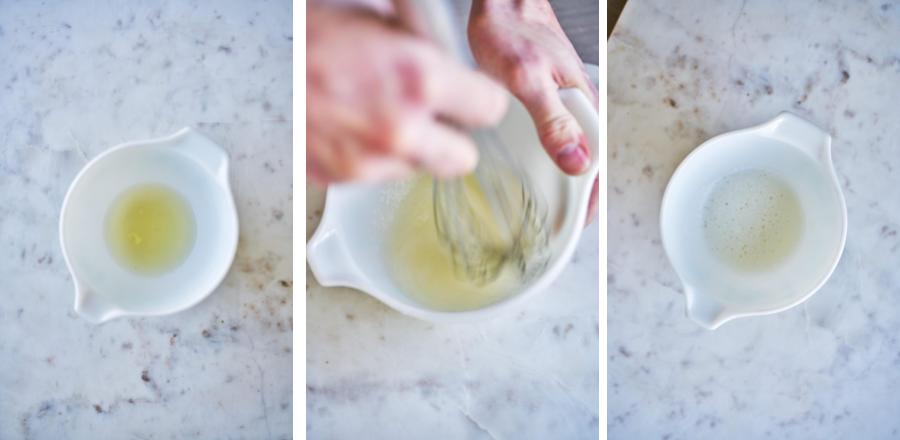 Whisking egg whites in a bowl.