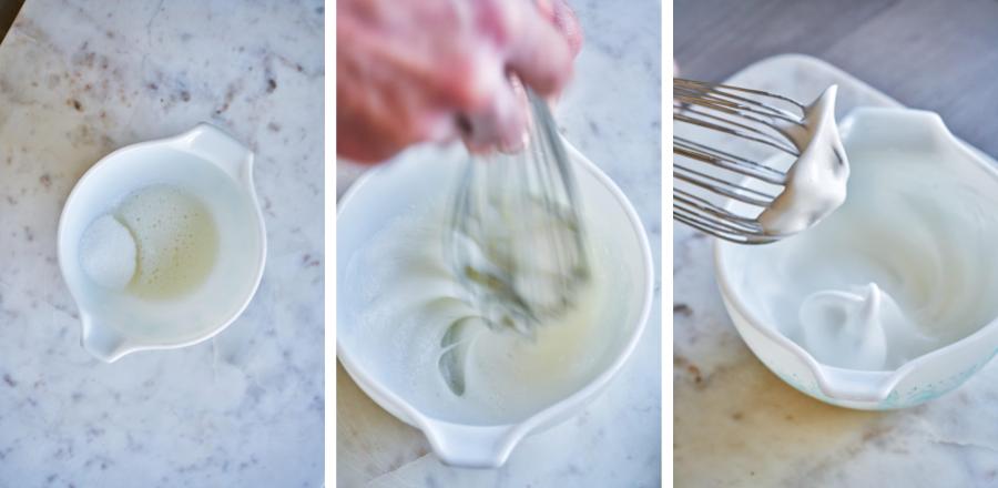 Whisking egg whites and sugar in a bowl.