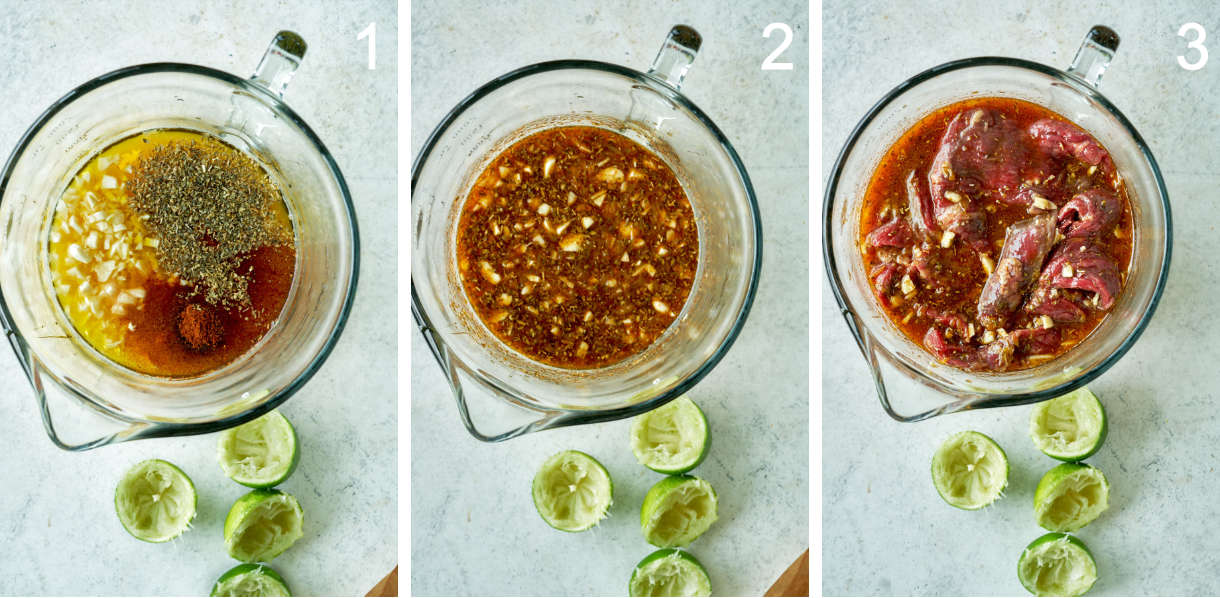 Mixing marinade or steak tacos in a glass bowl next to limes.