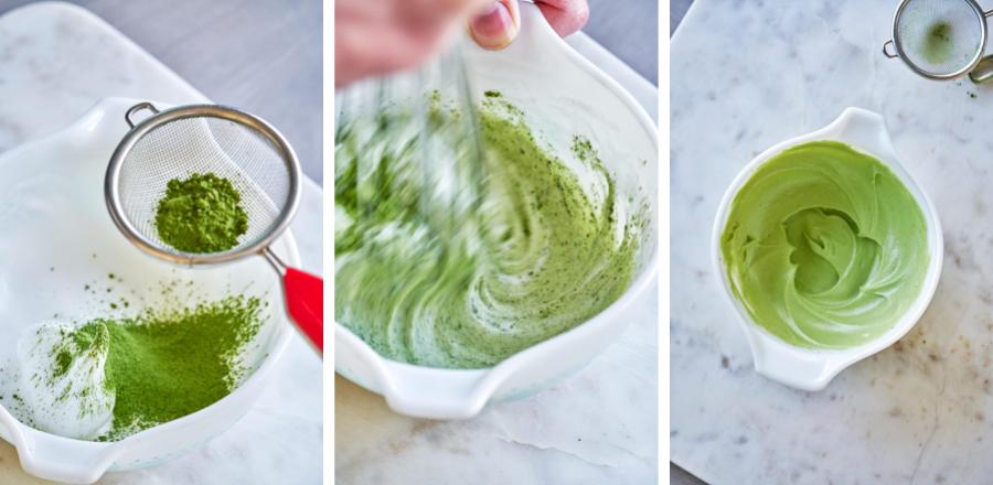 Whipping matcha and egg whites in a bowl.