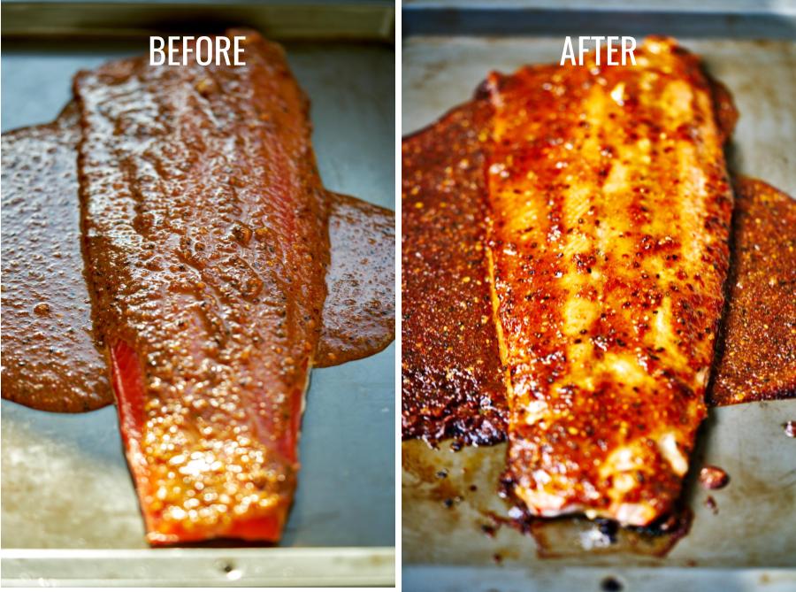 Before cooked and after cooked salmon covered in red marinade.