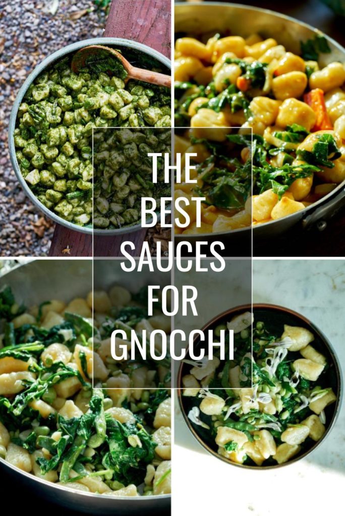 Four different gnocchi preparations with overlay text reading "The Best Sauces for Gnocchi"