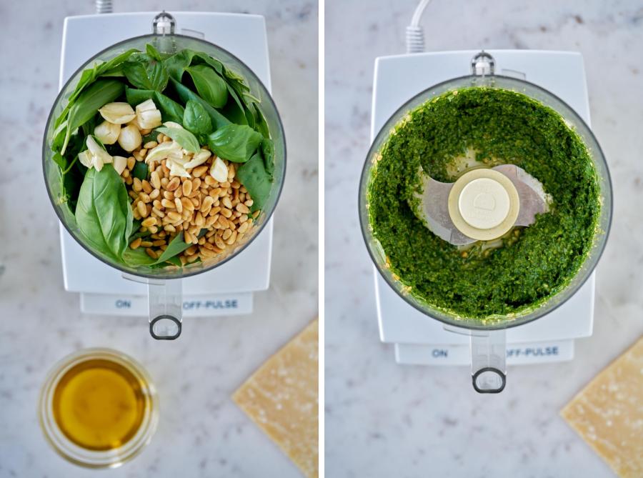 Before and after processed basil pesto in a food processor.