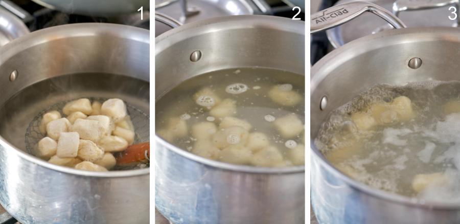 Diverse fasi della bollitura degli gnocchi, dall'aggiunta all'acqua bollente al galleggiamento in superficie.