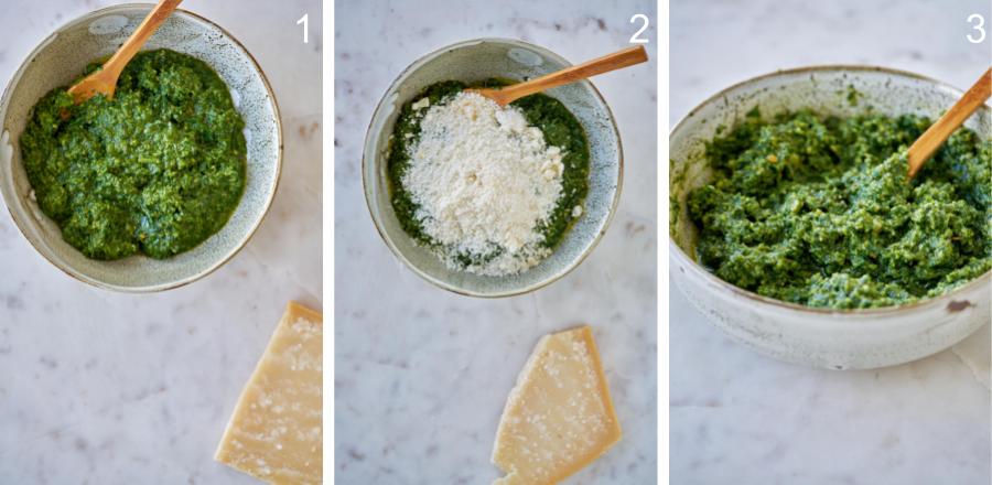 Mixing parmesan cheese into a bowl of green pesto.