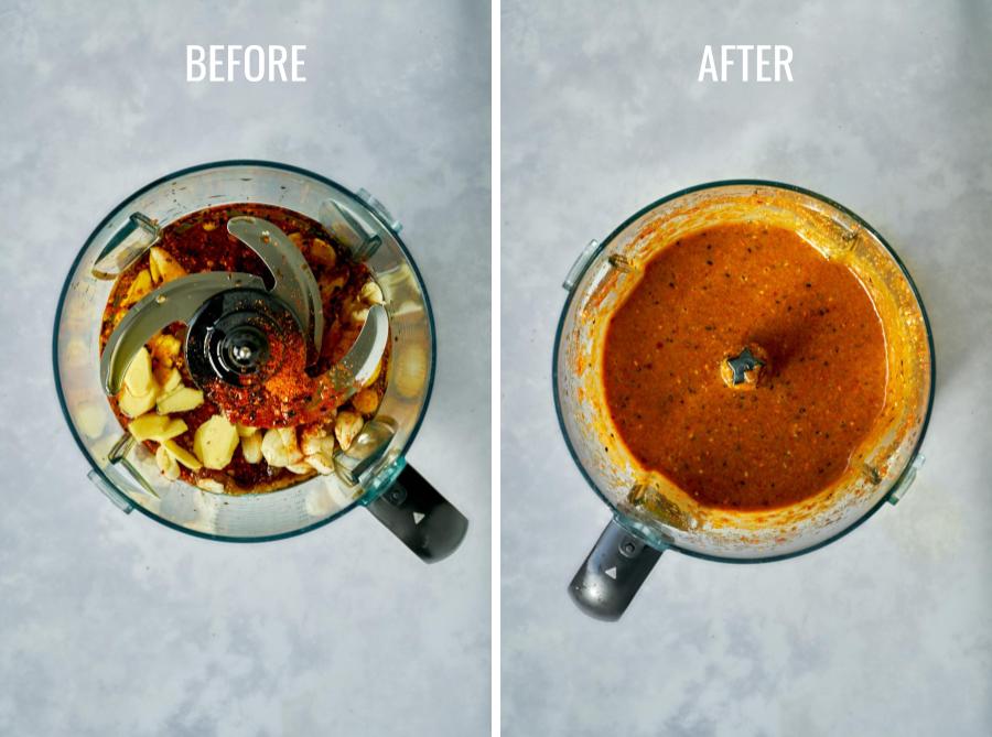 Before and after salmon marinade ingredients are processed in a food processor.