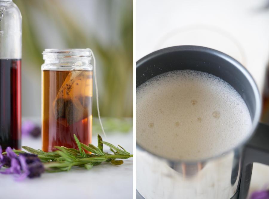 Tea steeping in small jar next to frothed milk.