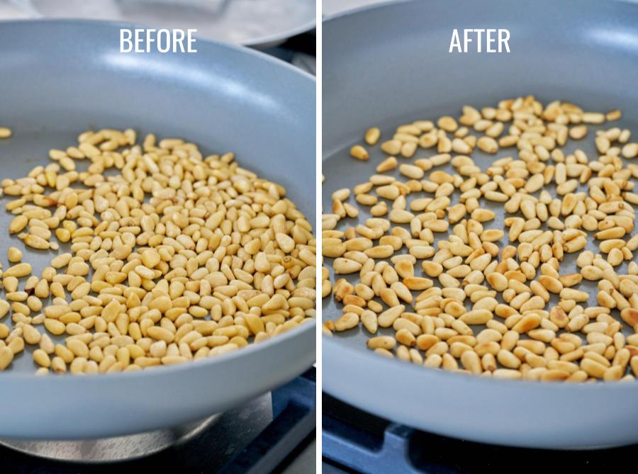 Before and after toasted pine nuts in a pan on the stove.