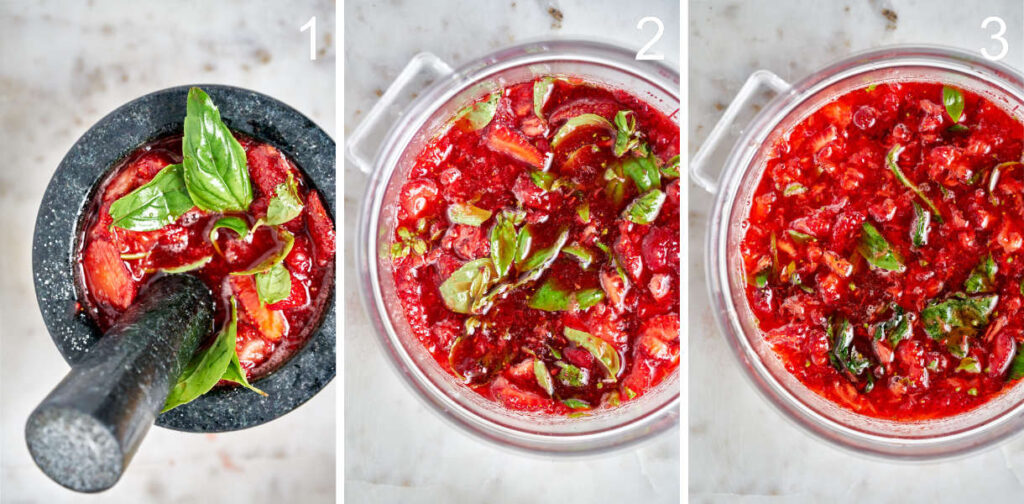 Muddling berries and herbs in a mortar and pestle, and the mixture in a clear container.