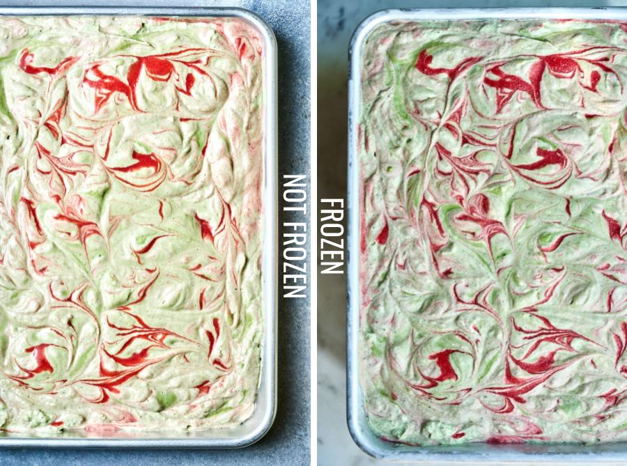 Sheet pan with swirled green tea and strawberry semifreddo.