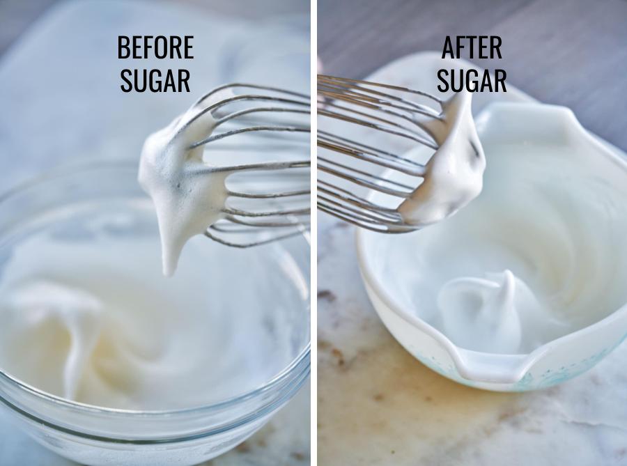Before and after adding sugar to egg whites for meringue consistencies.