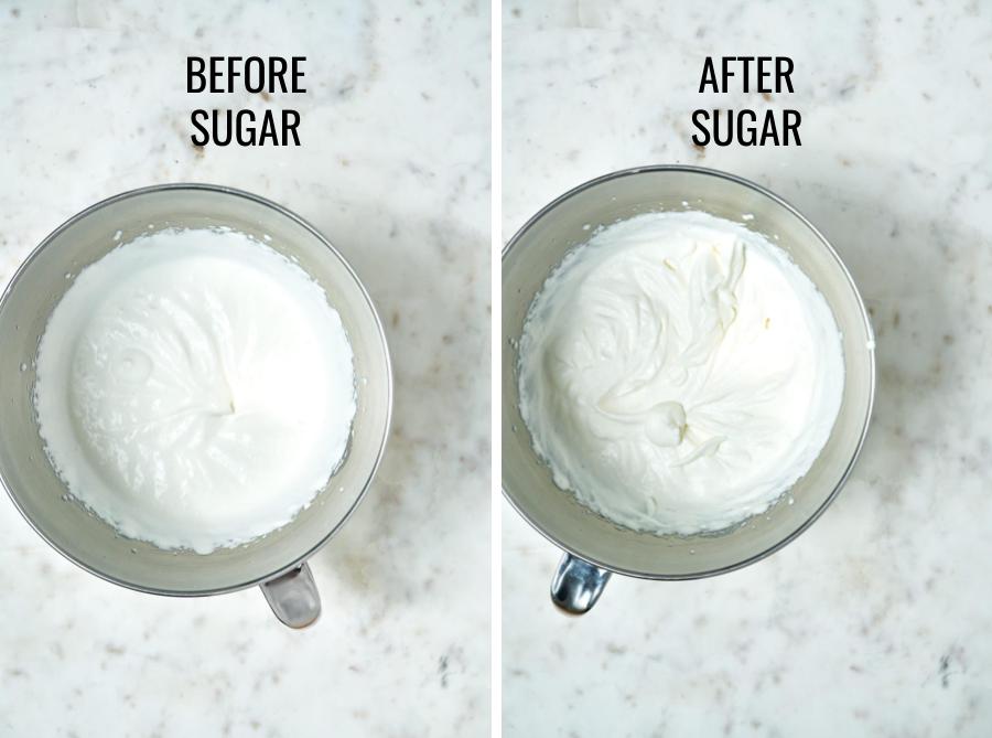 Side by side images showing the stiffness of meringue before and after adding sugar.