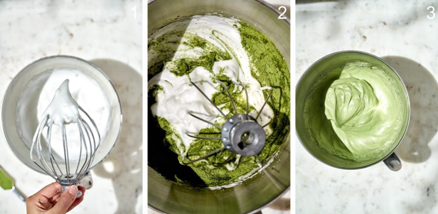 Side by side photos of adding matcha powder to meringue.