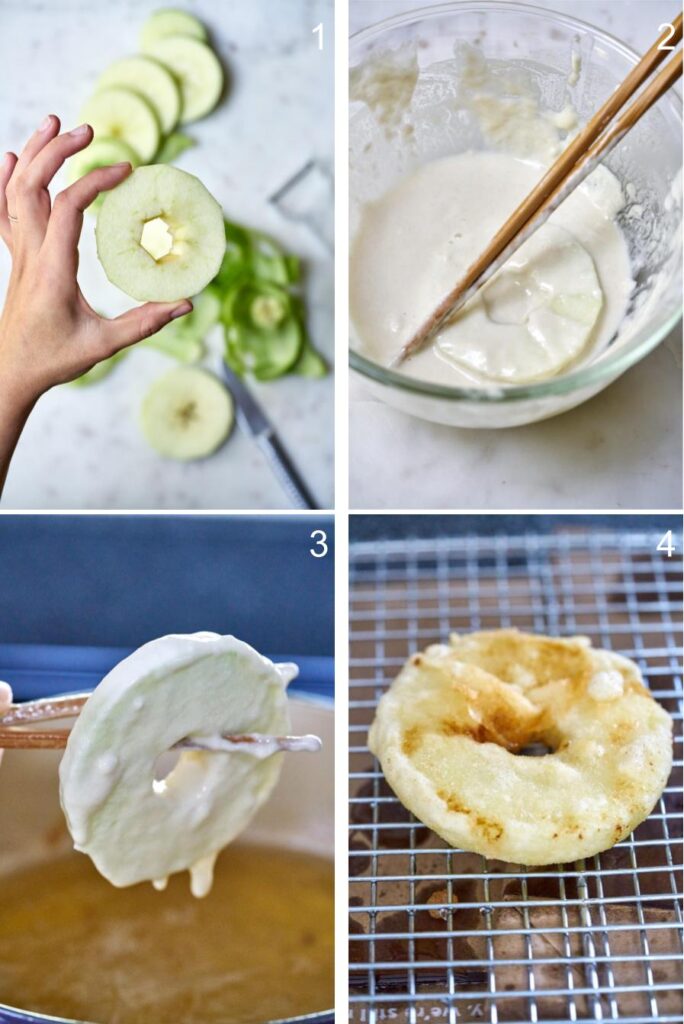 A sliced and cored apple dipped into batter and fried, then placed on a rack.