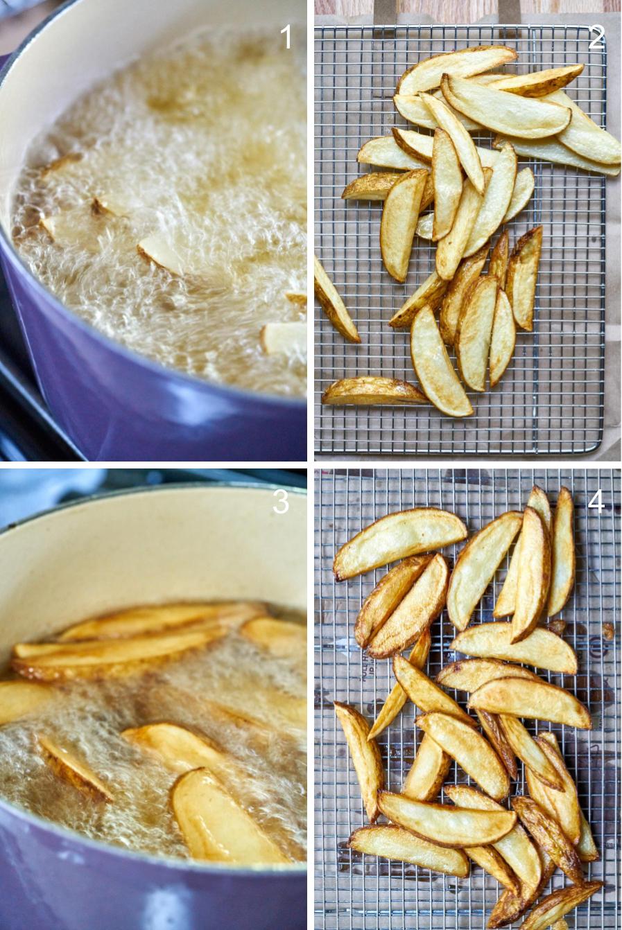 Twice frying fries for an extra golden brown crisp and soft center.