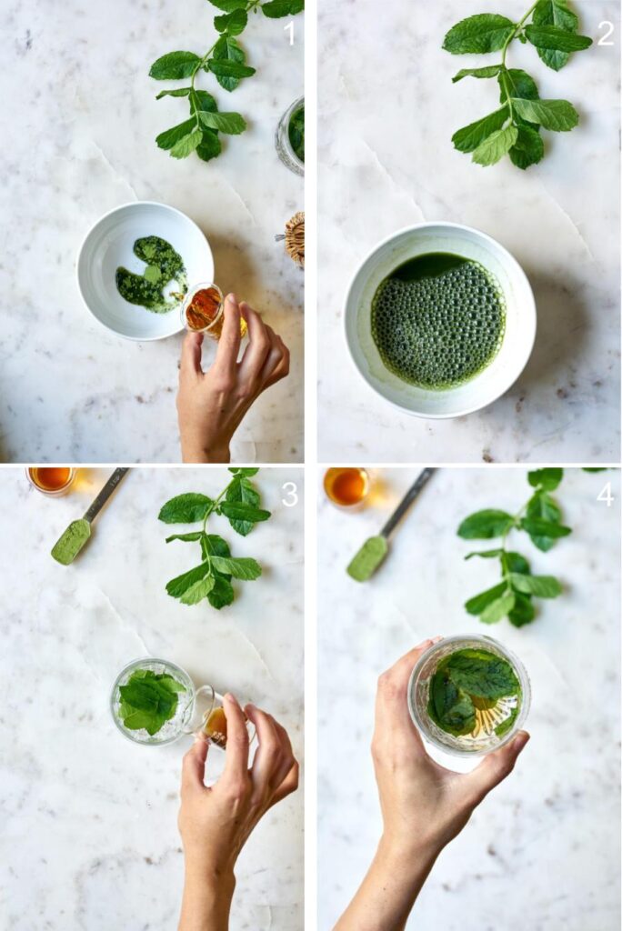 Mixing matcha and bourbon in a bowl, then mixing simple syrup and mint in a glass.