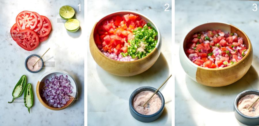 Step by step simple salsa with ingredients being mixed in a bowl.