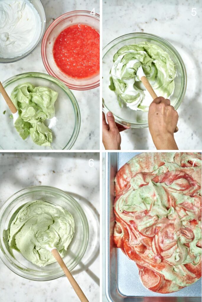 Mixing together matcha mousse, strawberry puree, and whipped cream into a bowl and sheet pan.