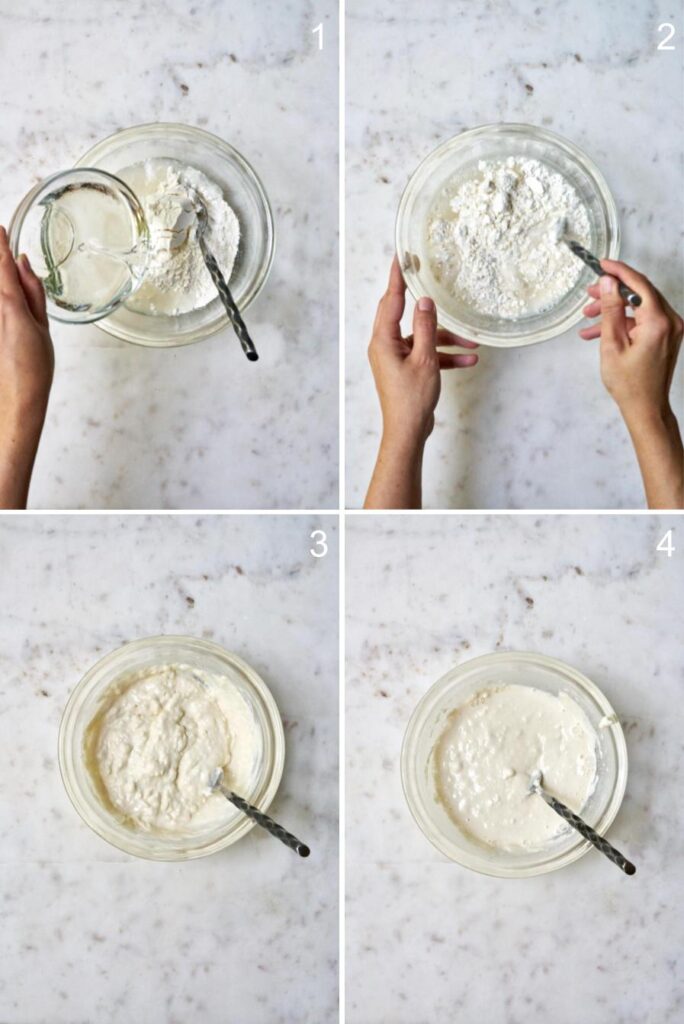 Mixing tempura batter and showing the proper consistency in a bowl.