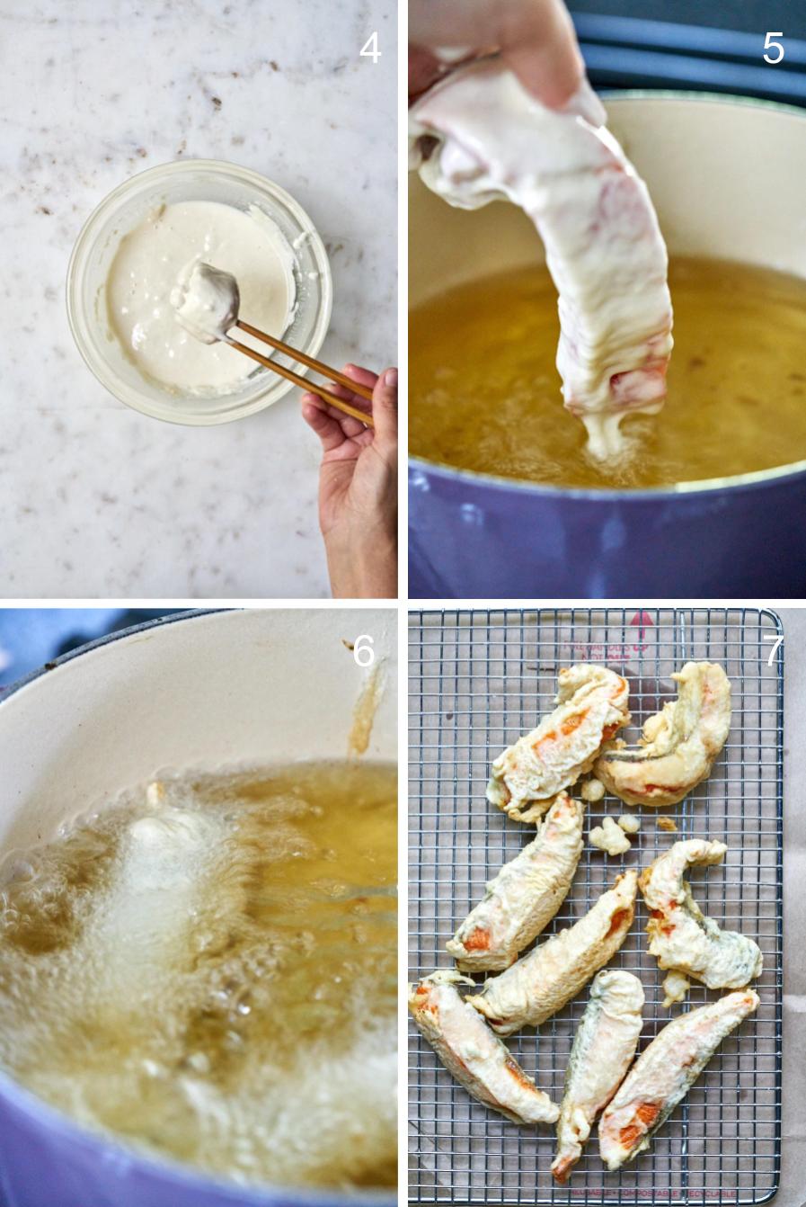 Steps to fry fish tempura from dipping into the batter to removing excess oil on a wire rack.