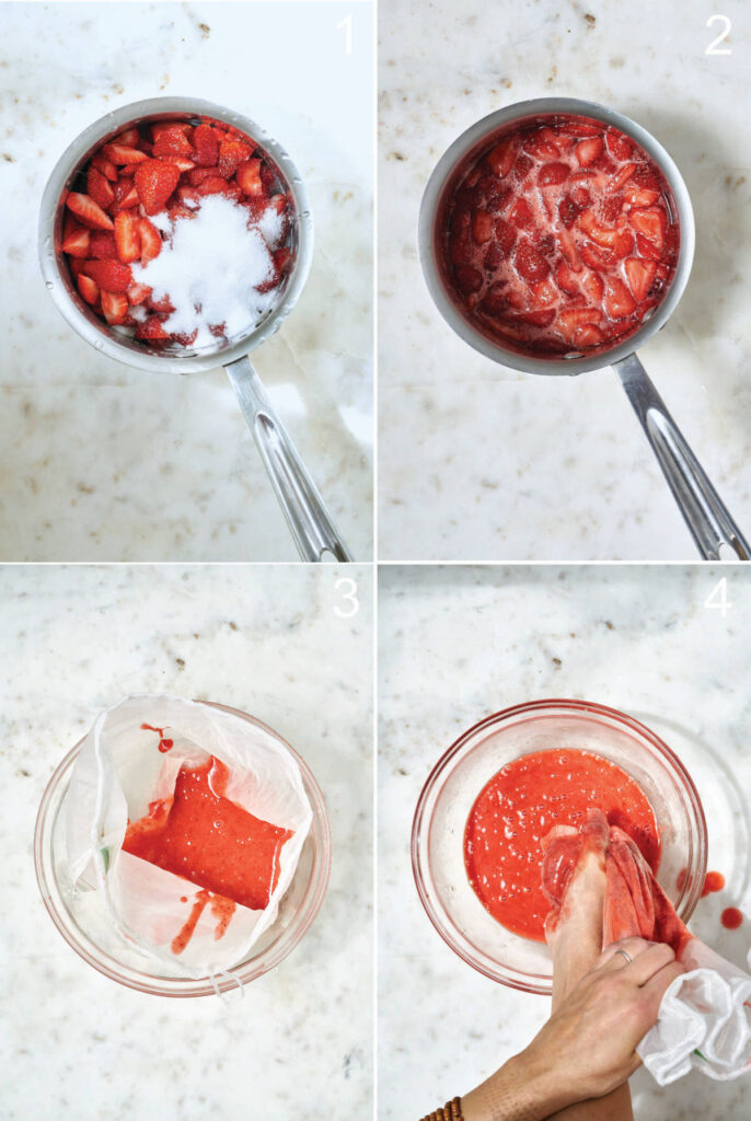 Strawberry and sugar cooked together and strained to make a sauce.